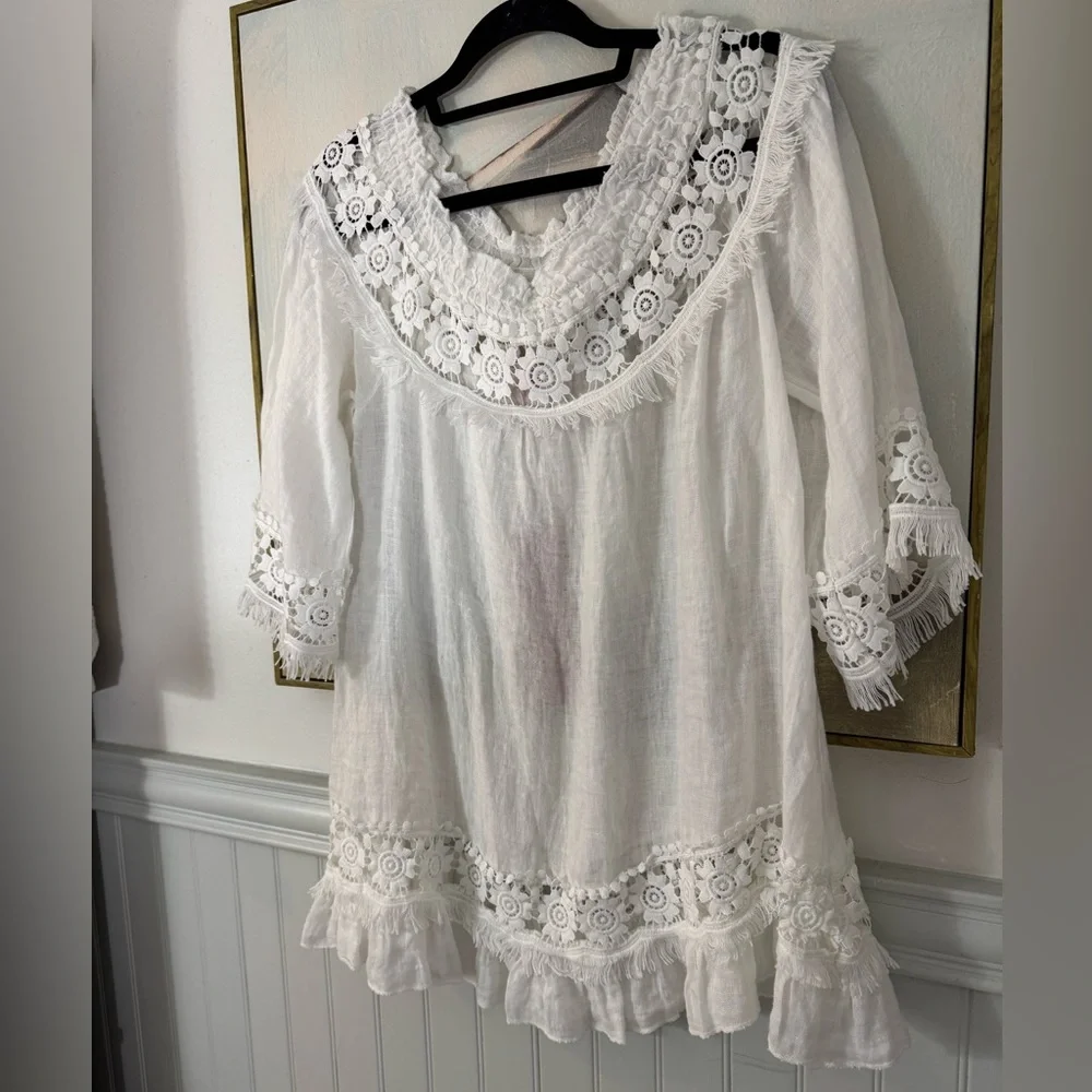 SCANDAL ITALY Blouse Top Linen Embroidered Lace Gauzy Boho Summer White NWT SM - Picture 2 of 6